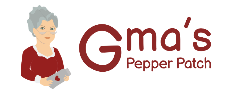 G-ma's Pepper Patch Site Identity, illustration of a woman with grey hair and glasses wearing a red blouse holding a jar