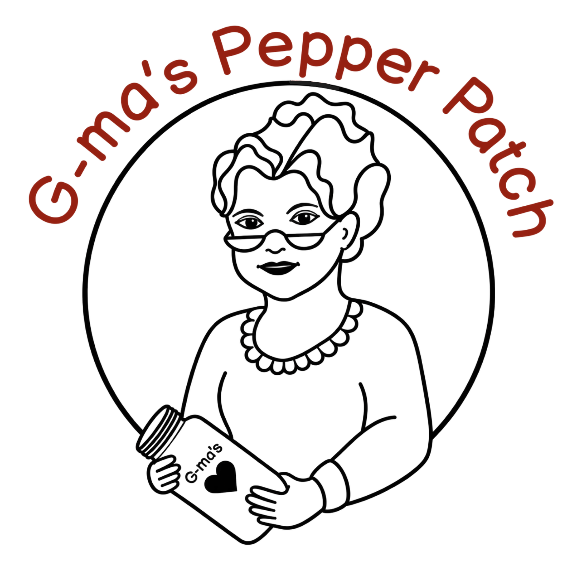 G-Ma's Pepper Patch Logo, illustration of a woman with glasses wearing a blouse and holding a jar