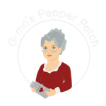 Gma's Pepper Patch Logo, illustration of a woman with grey hair and glasses wearing a red blouse holding a jar